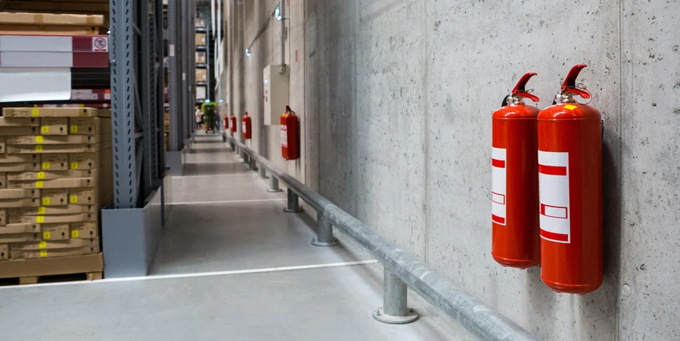 Fire extinguishers mounted on a warehouse wall