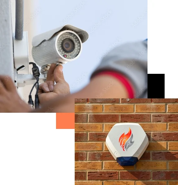 Engineer adjusting a CCTV camera, with an alarm bell box on a brick wall