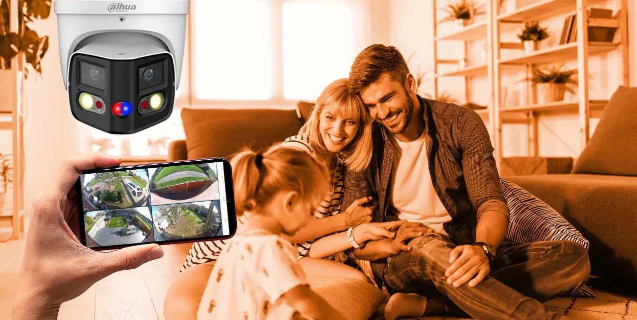 Family at home viewing a CCTV camera on a phone