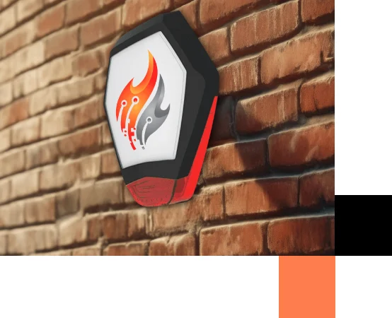 OC Fire & Security intruder alarm bell box on a brick wall